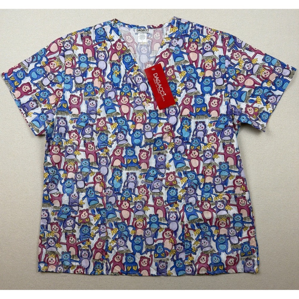 New Dagacci U.S.A. Scrub Top Shirt Uniform Monkey‎ Size L NWT Multi Color